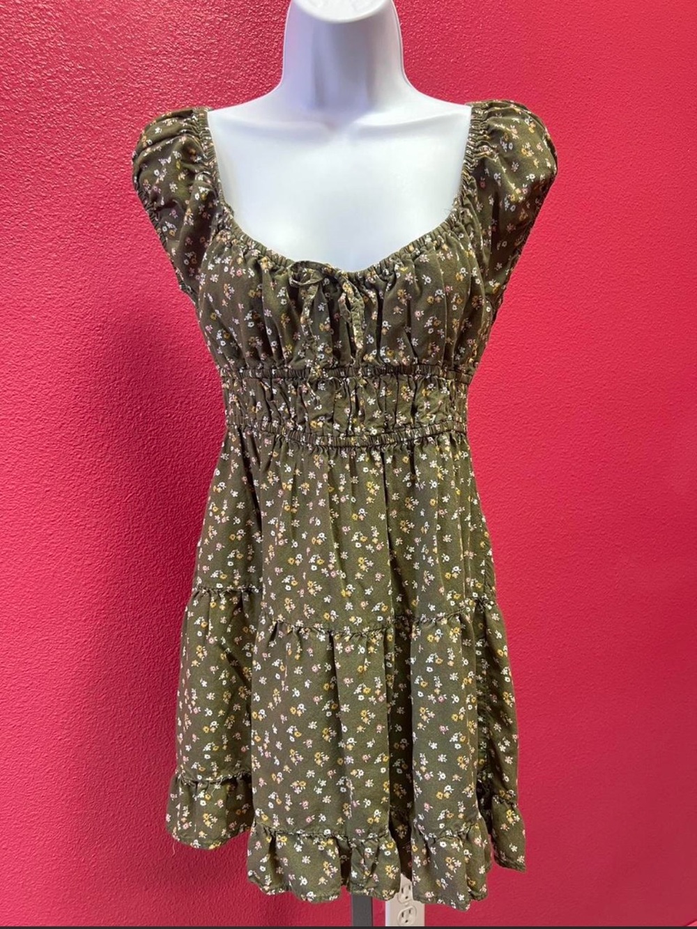 Aeropostale Olive Green Floral Smocked Top with Ruffled Straps